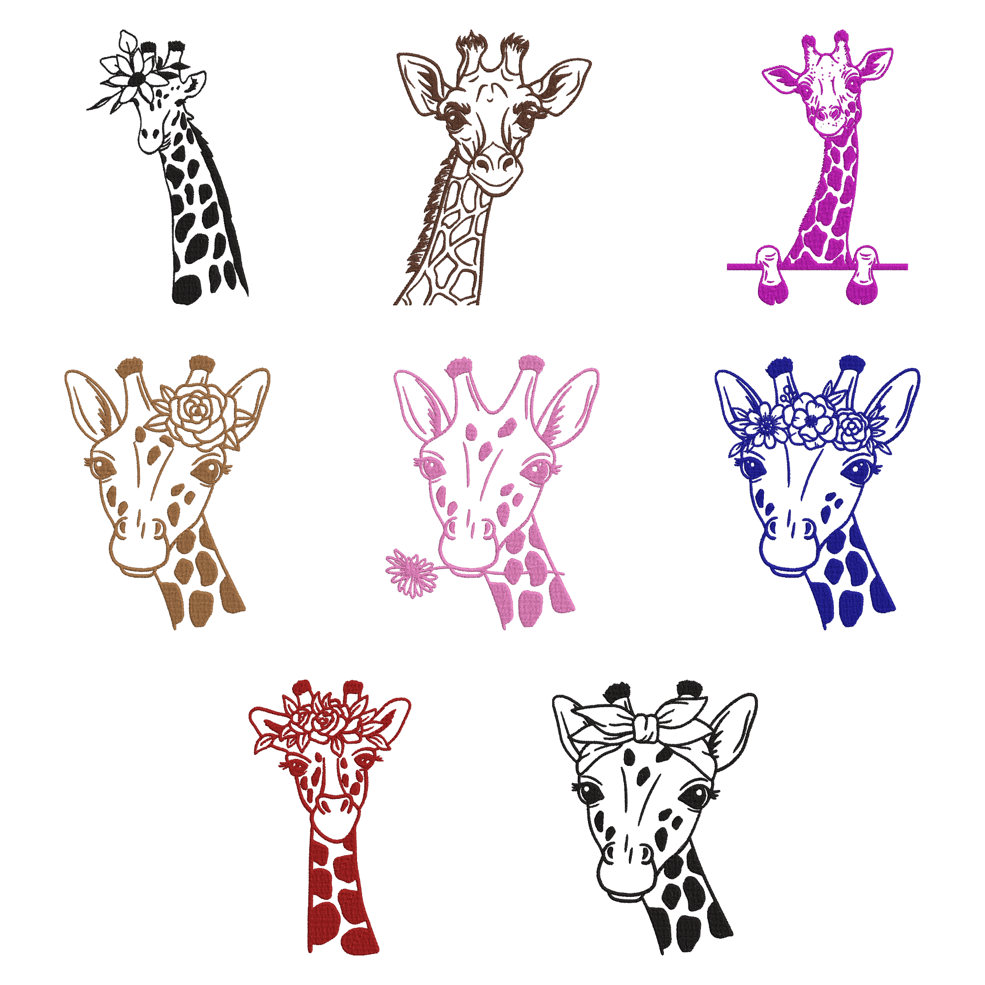 Giraffe Embroidery Bundle, Floral Giraffe Embroidery Design, Safari Animal Machine Embroidery File