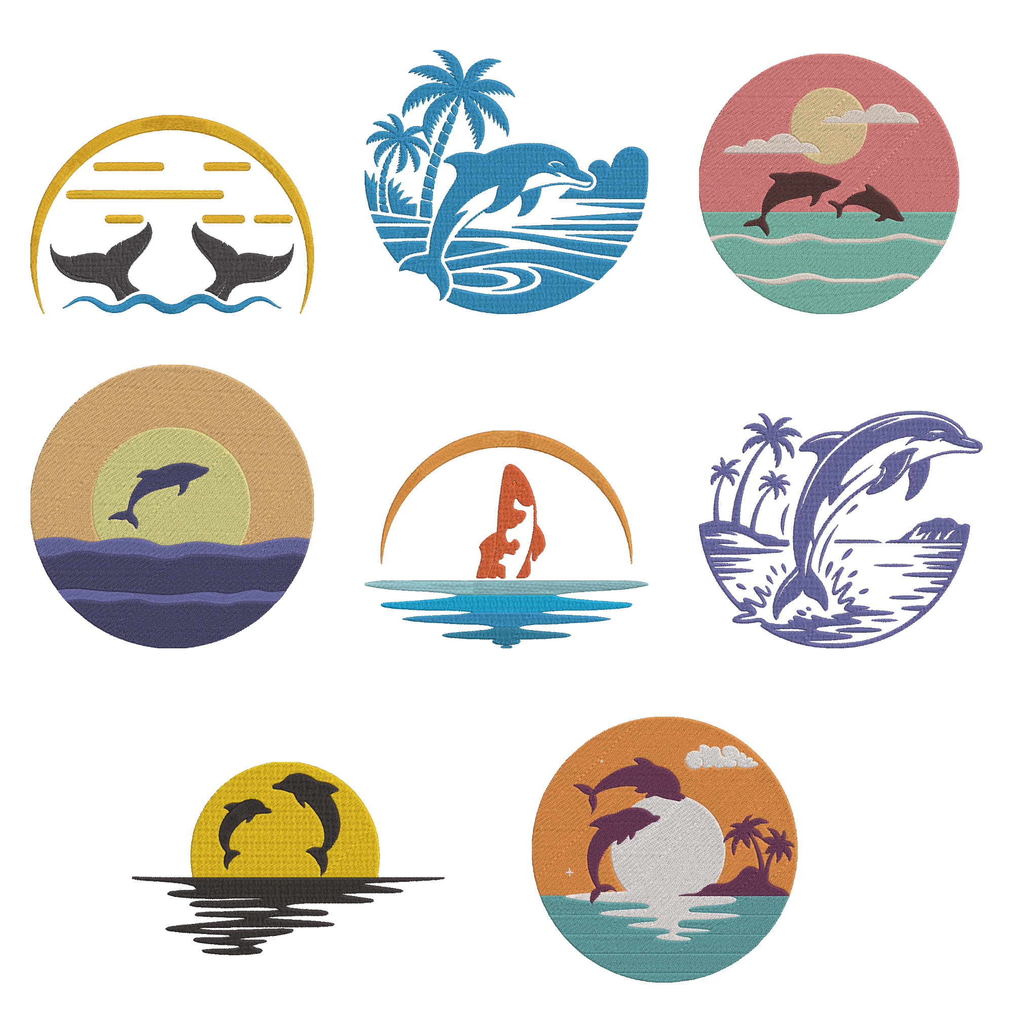 Dolphin Embroidery Bundle, Ocean Sunset Embroidery Design, Tropical Sea Machine Embroidery File