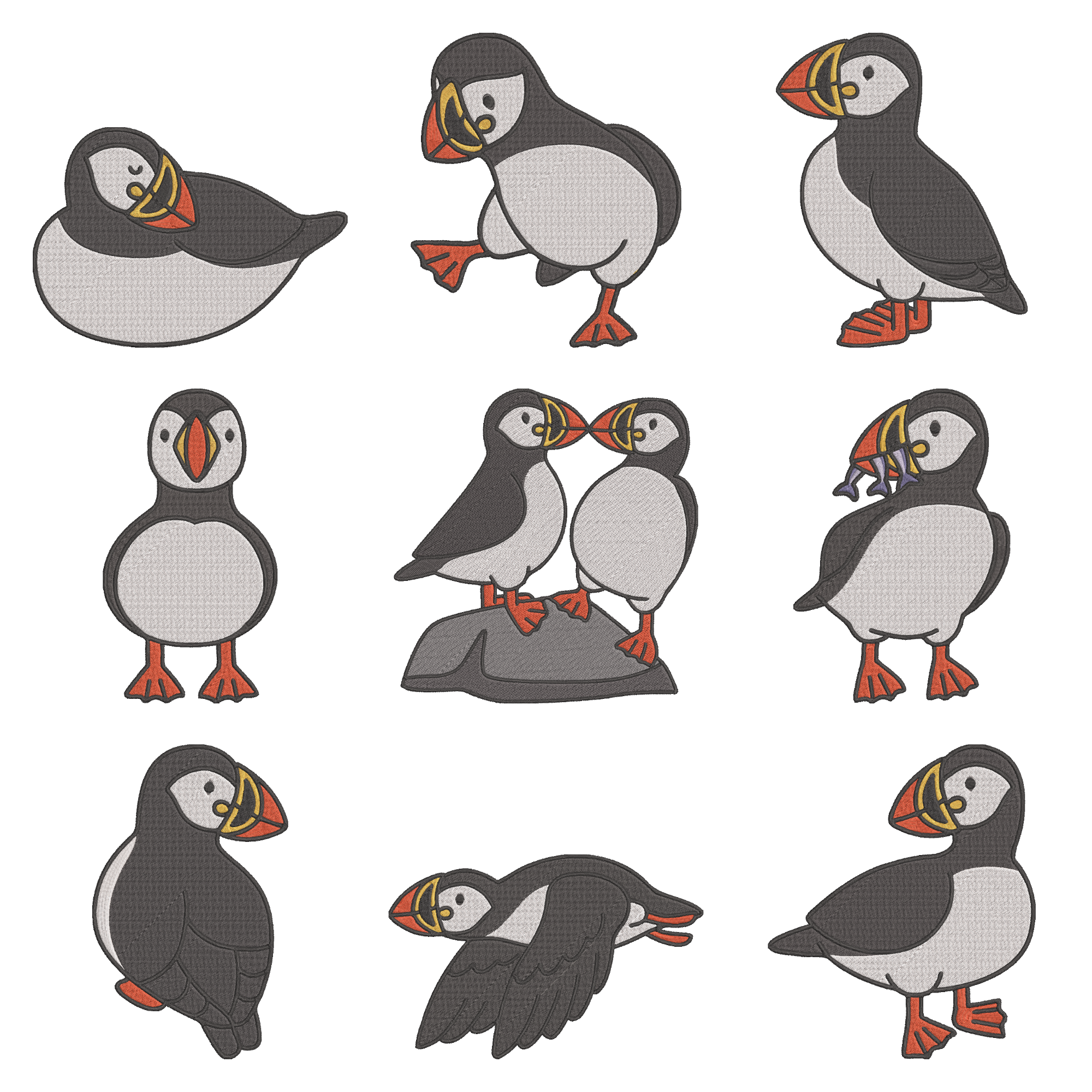 Puffin Embroidery Design Bundle, Cute Bird Pattern, Digital Download