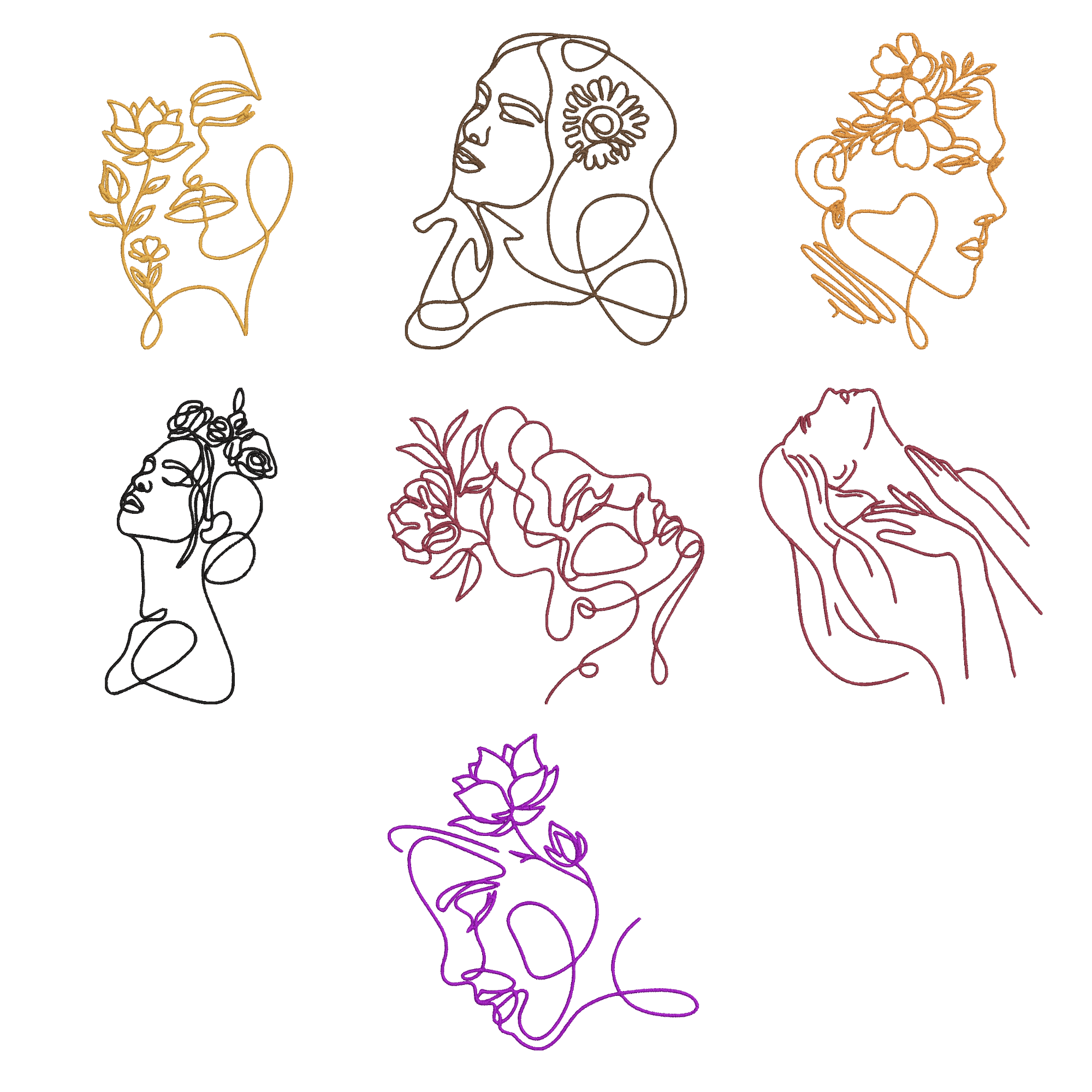 Minimalist Woman Face Embroidery Design Bundle, One Line Art Floral Embroidery File