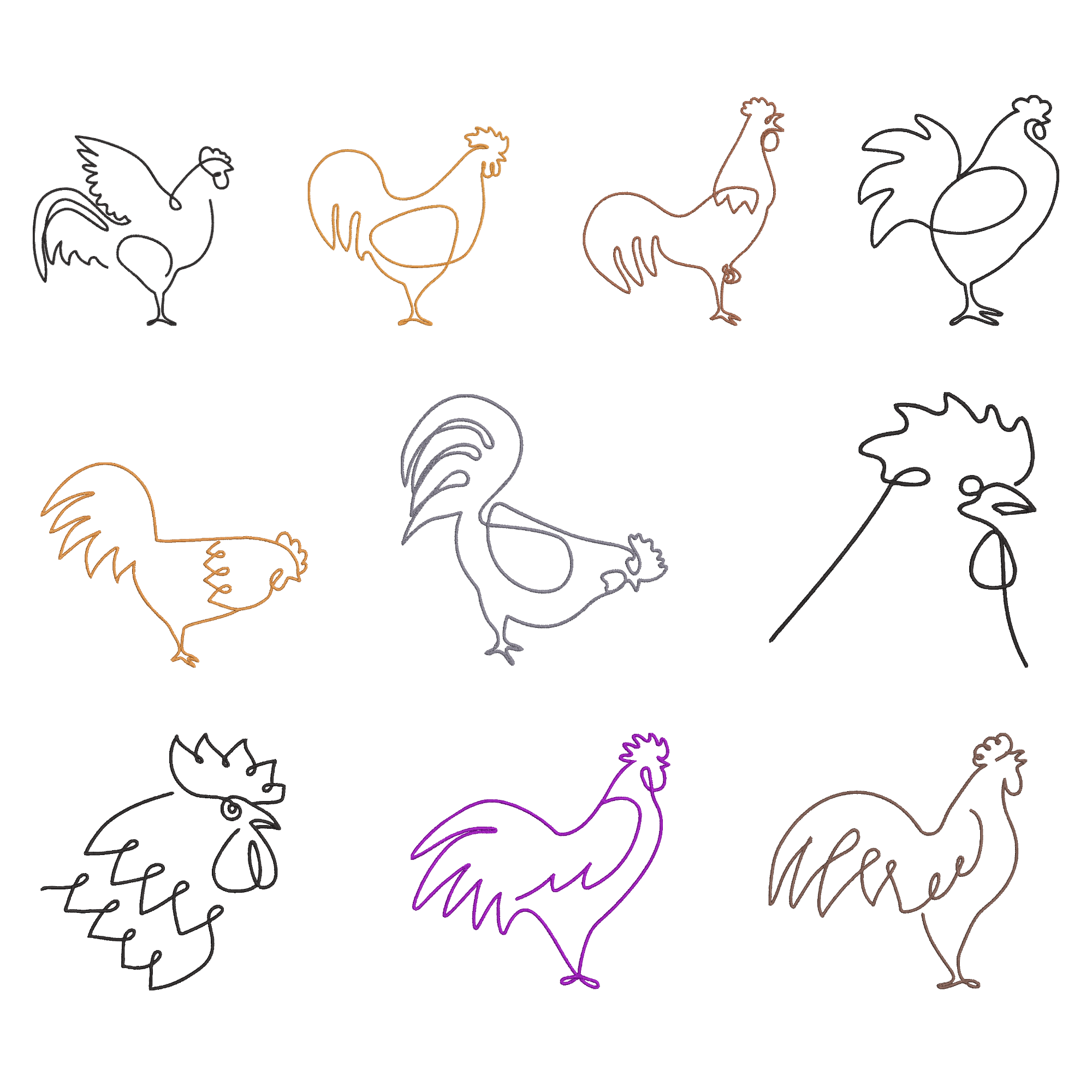Rooster One Line Embroidery Design Bundle, Chicken Continuous Line Art Embroidery File