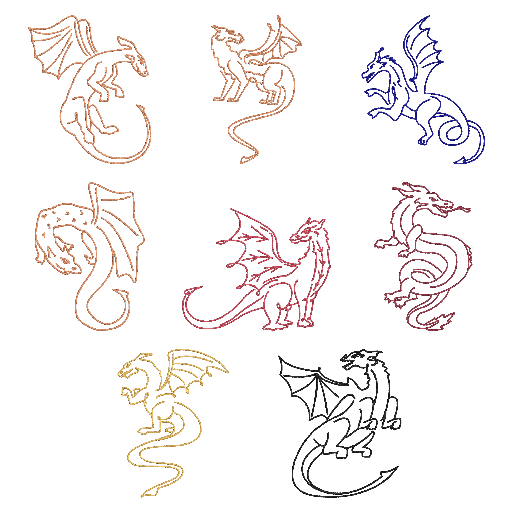 Dragon Embroidery Design Bundle, Fantasy Dragon Line Art Embroidery File