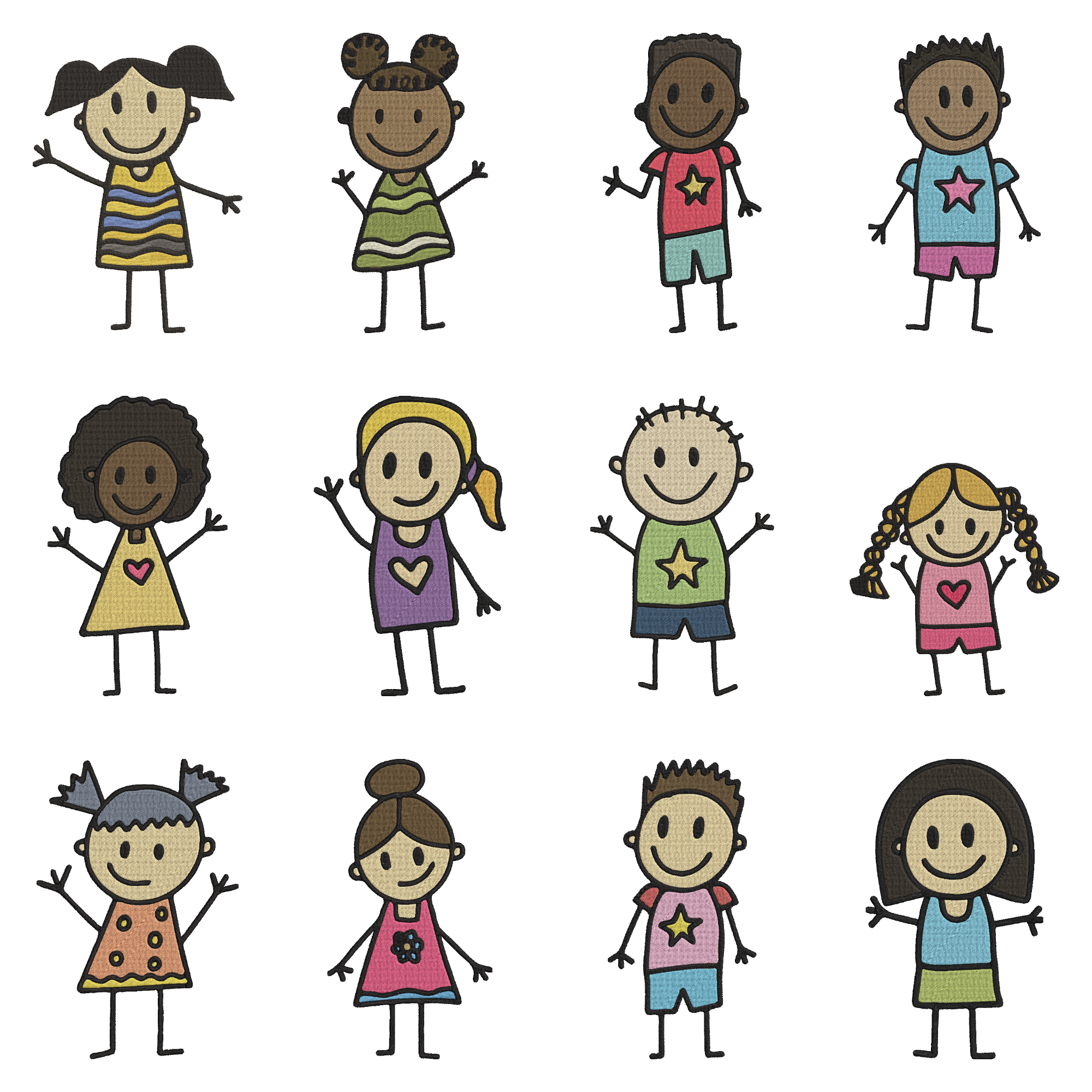 Kids Stick Figure Embroidery Design Bundle, Children Doodle Embroidery File