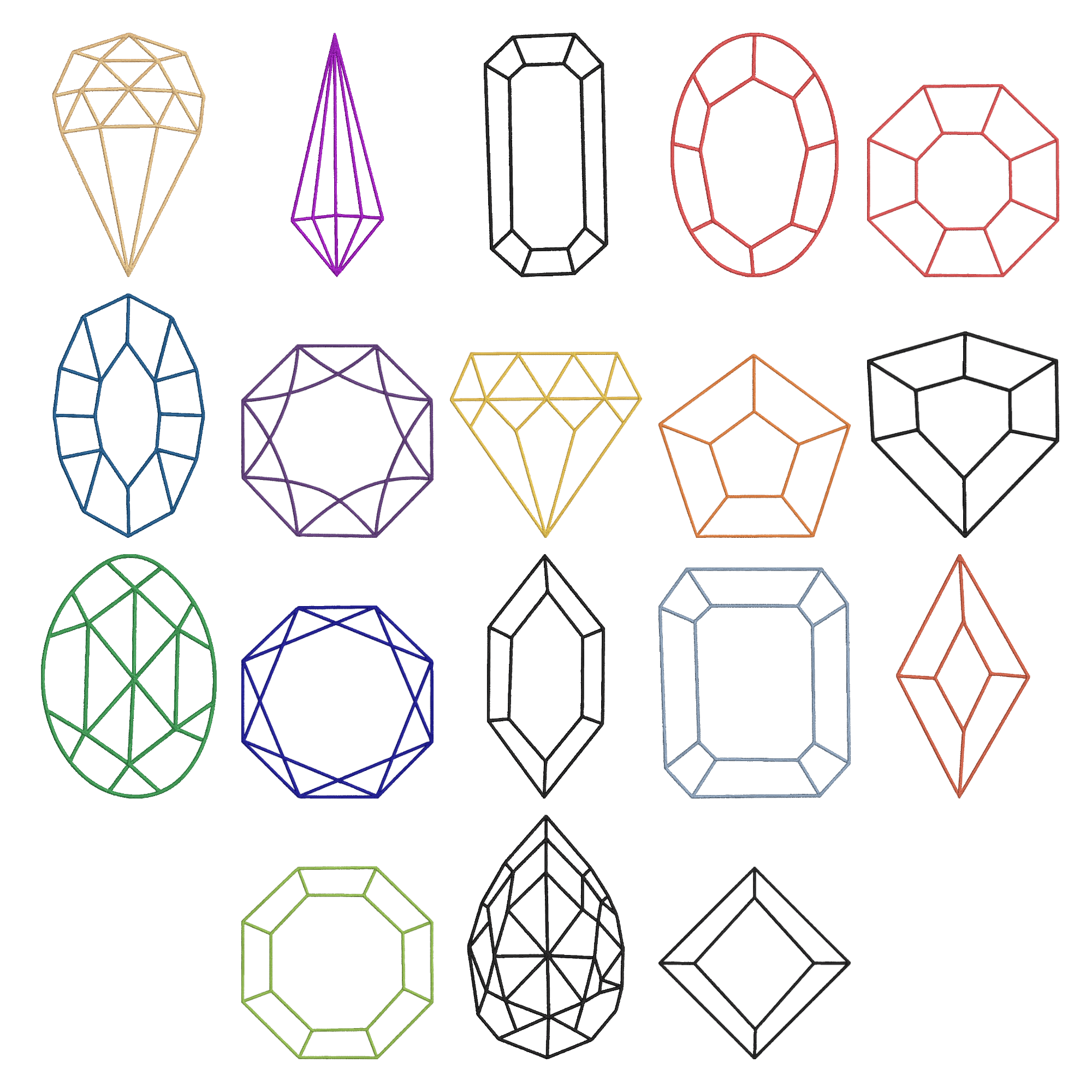 Gemstone Embroidery Bundle, Diamond Outline Embroidery Design, Instant Download