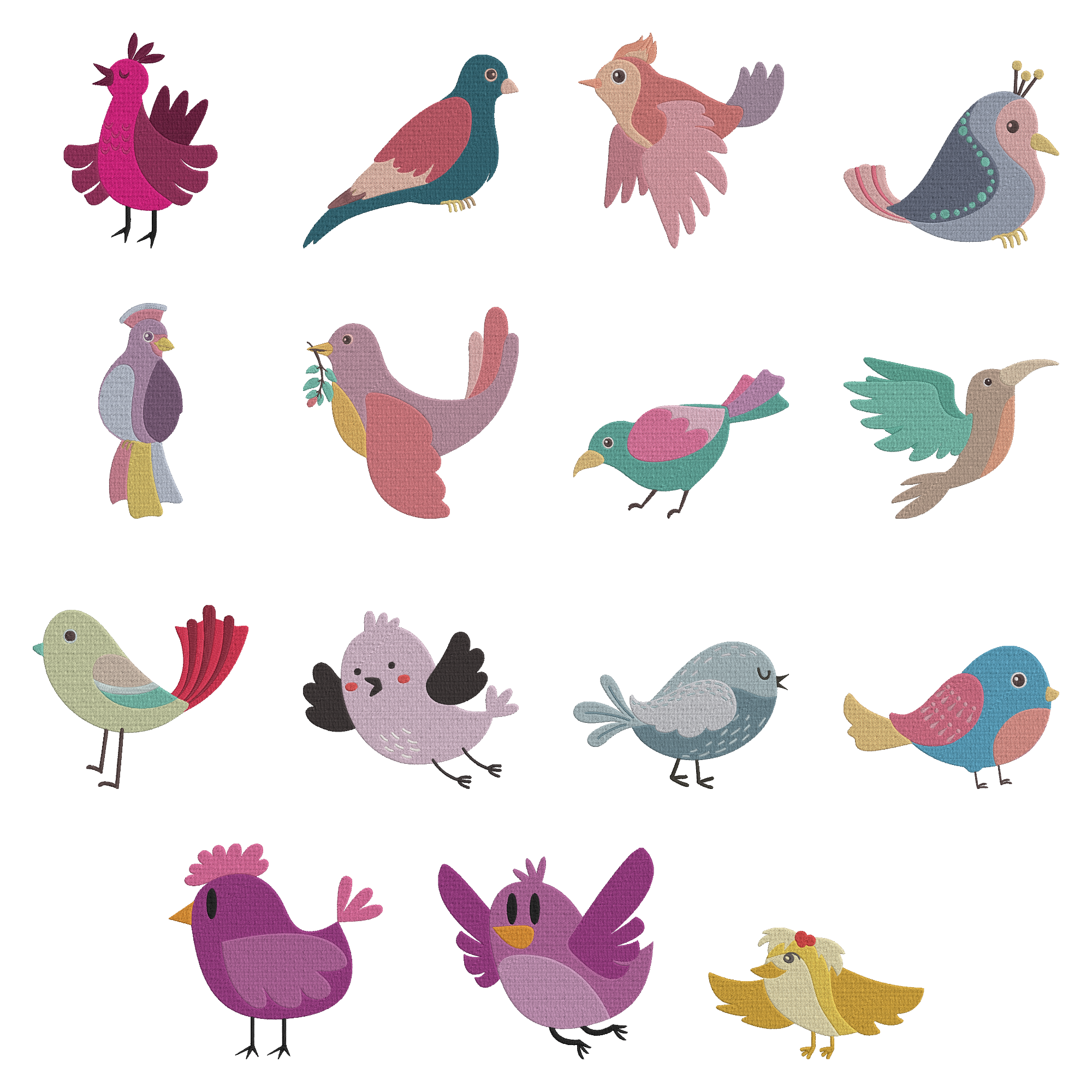 Colorful Birds Machine  Embroidery File, Cartoon Bird Embroidery,  Instant Download