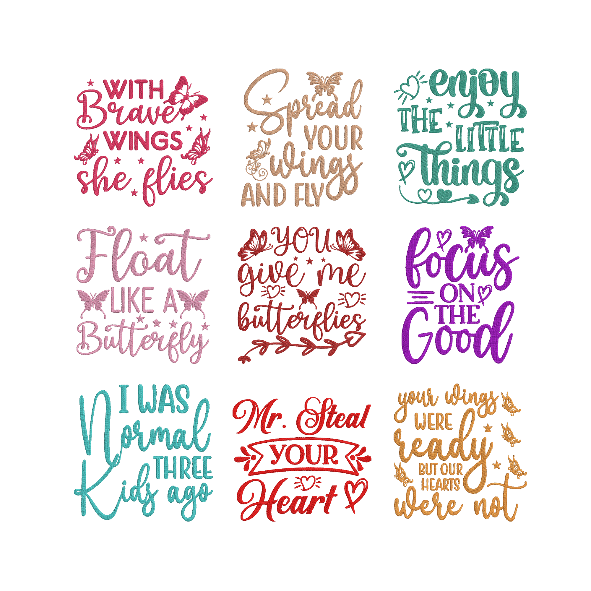 Quote Embroidery Bundle, Inspirational Saying Machine Embroidery Designs, Butterfly Word Art Embroidery Files, 9 Design Set
