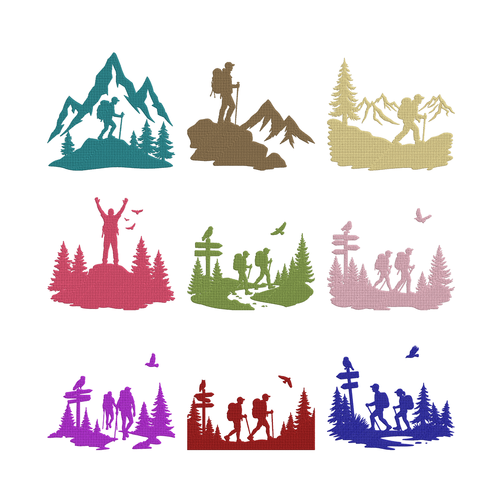 Hiking Embroidery Bundle, Mountain Adventure Machine Embroidery Designs, Outdoor Camping Embroidery Files, 9 Design Set