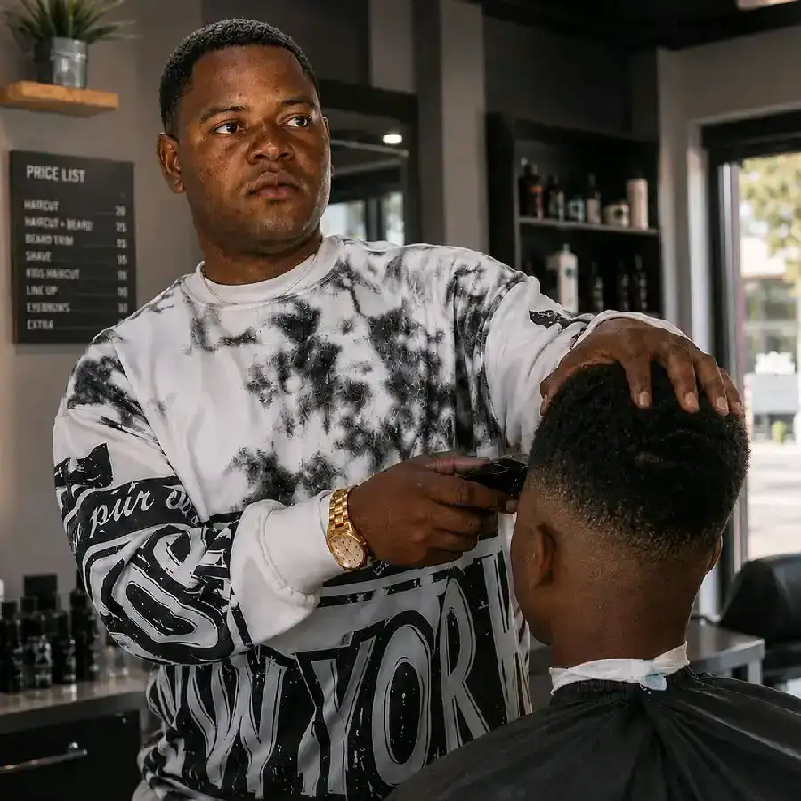 A Freshcutr barber giving a client a fresh cut on location