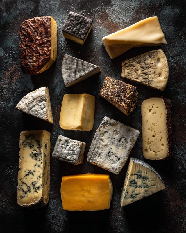 Assorted gourmet cheeses on a dark rustic board, overhead food photography