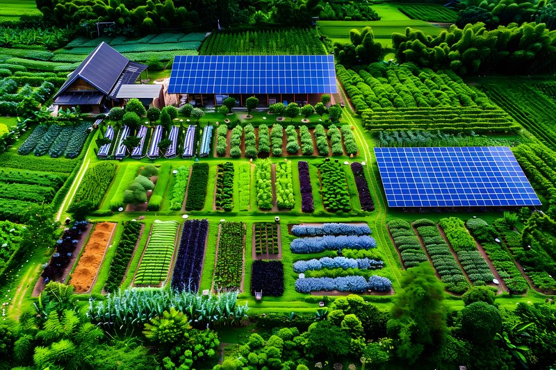 Aerial view of permaculture farm vegetable patches compost area and solar panels
