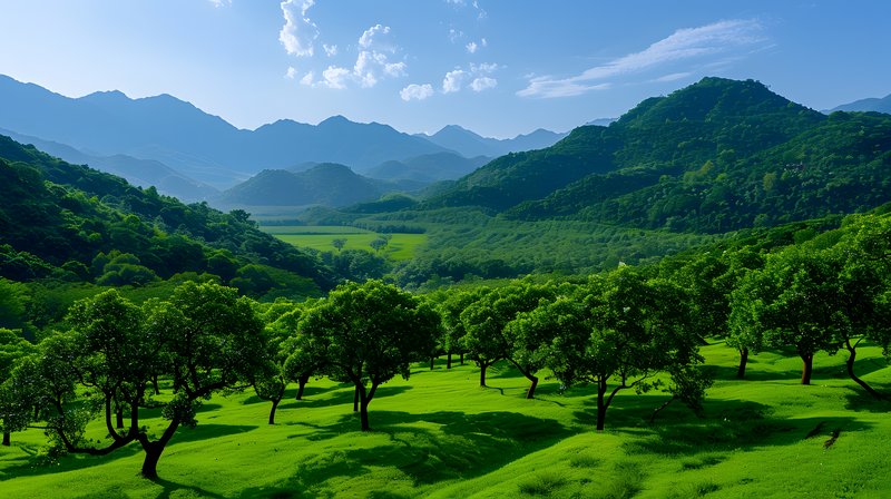 Agroforestry landscape fruit trees and medicinal plants growing in harmony