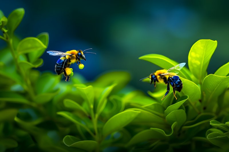 Bees collecting nectar native flowering shrubs near orchard
