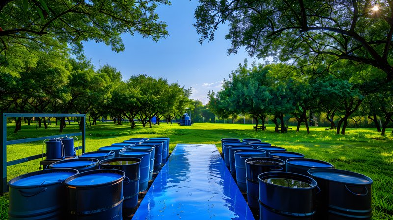 Compost tea brewing setup barrels and oxygen pump under shaded tree grove