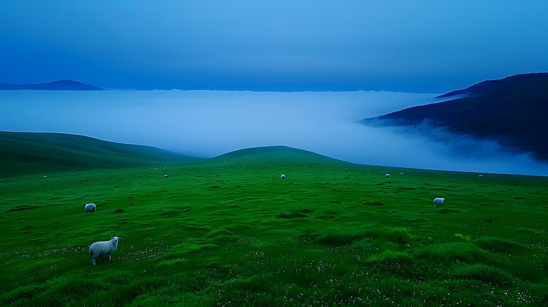Early morning fog over sustainable pasture grazing sheep and wildflowers