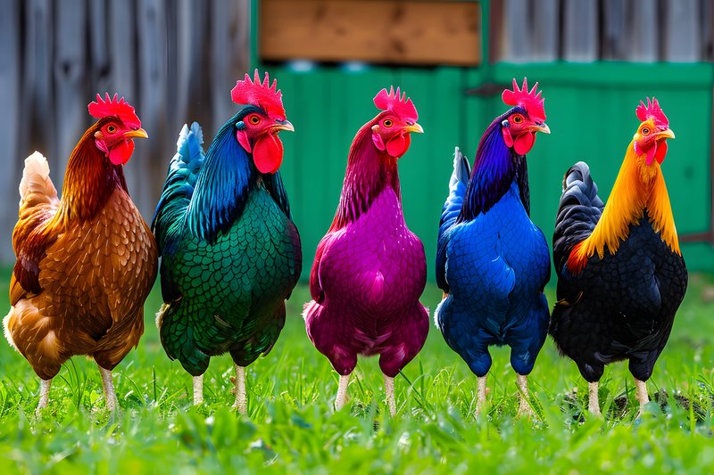 Farmyard scene wooden chicken coop and free range hens in grass