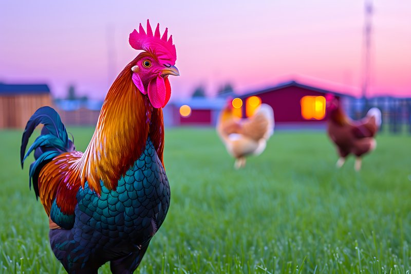 Farmyard scene wooden chicken coop and free range hens in grass