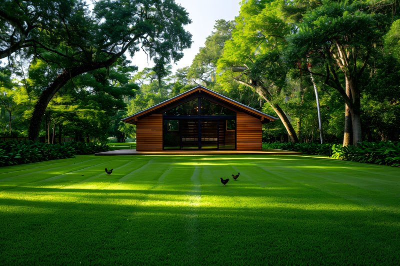 Farmyard scene wooden chicken coop and free range hens in grass