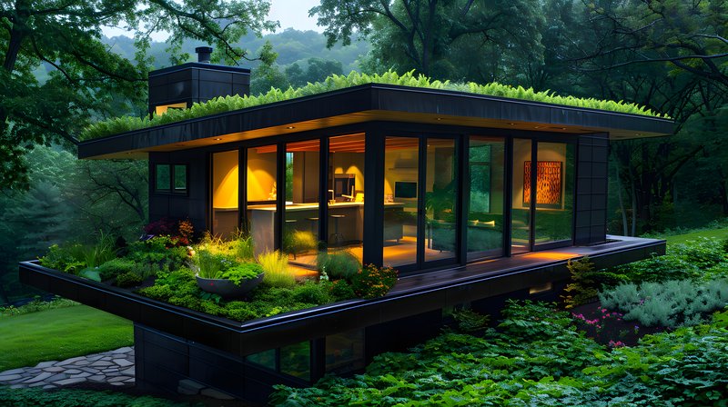 Green roof small eco cabin surrounded by pollinator garden and native shrubs