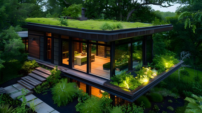 Green roof small eco cabin surrounded by pollinator garden and native shrubs
