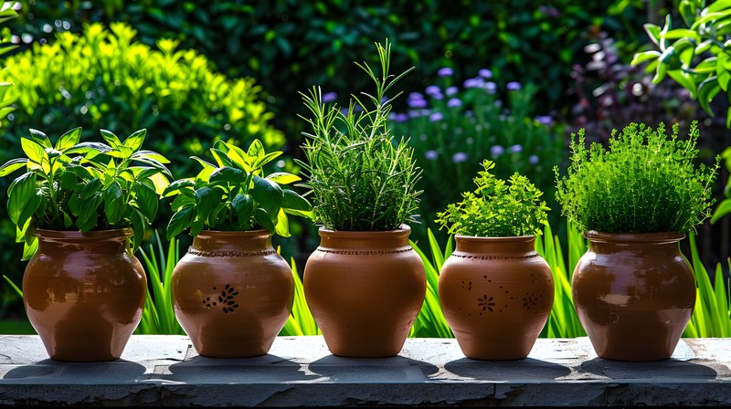 Handmade clay pots drying sun beside herb garden with rosemary and thyme