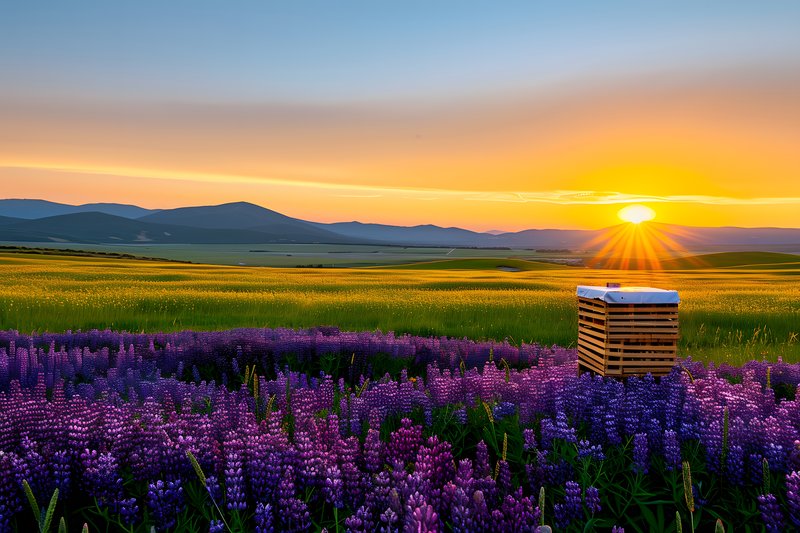 Natural beekeeping woven hives in wildflower field during golden hour