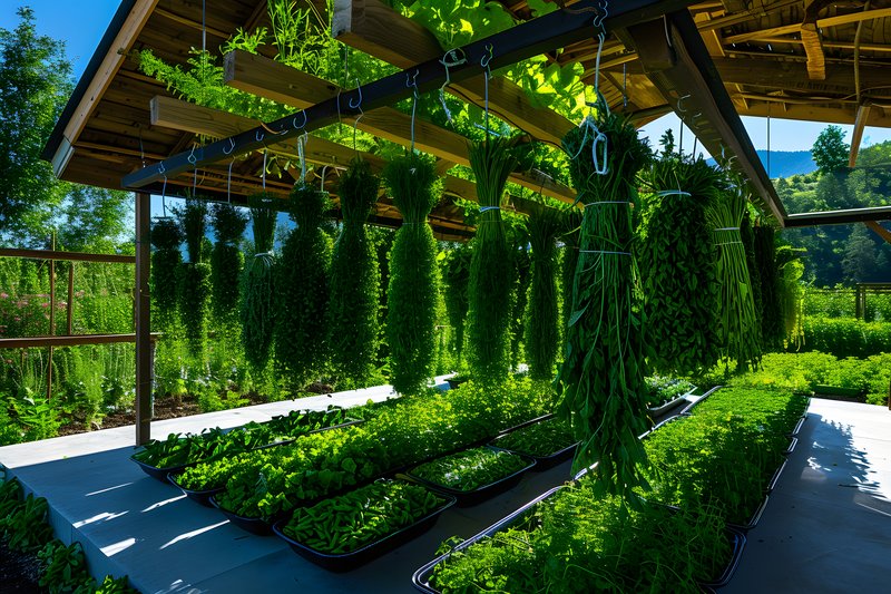 Organic herb drying rack hanging under open wooden shelter