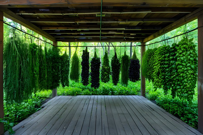 Organic herb drying rack hanging under open wooden shelter