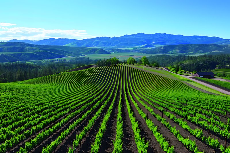 Organic vineyard hilly terrain with natural pest control and mulched rows