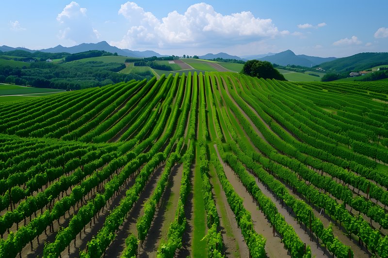 Organic vineyard hilly terrain with natural pest control and mulched rows