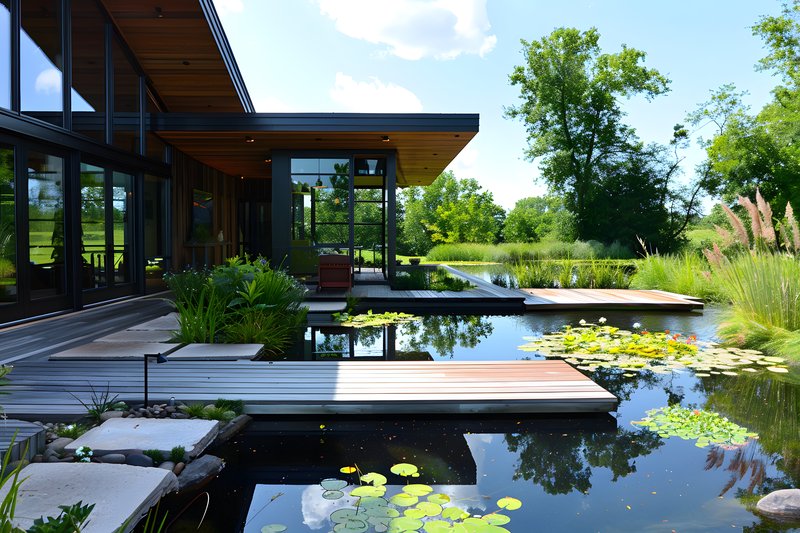 Rainwater harvesting pond surrounded native grasses and wildflowers
