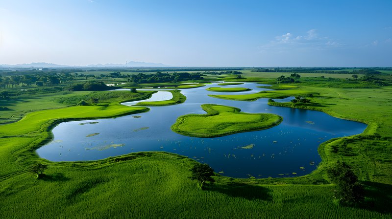 Restored wetland ecosystem supporting rice paddies native bird species