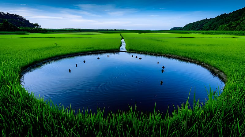 Restored wetland ecosystem supporting rice paddies native bird species