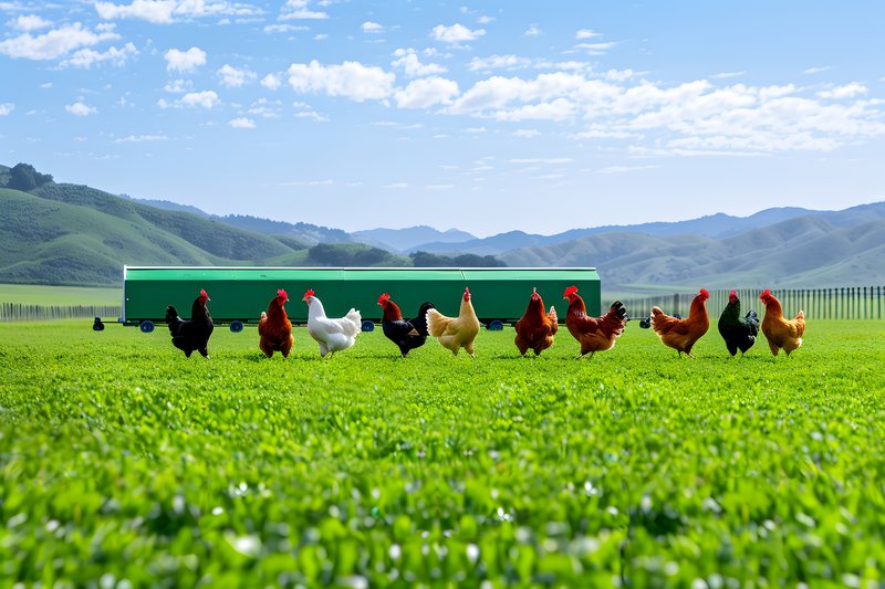 Rotating chicken tractor lush grassy paddock with mobile fencing