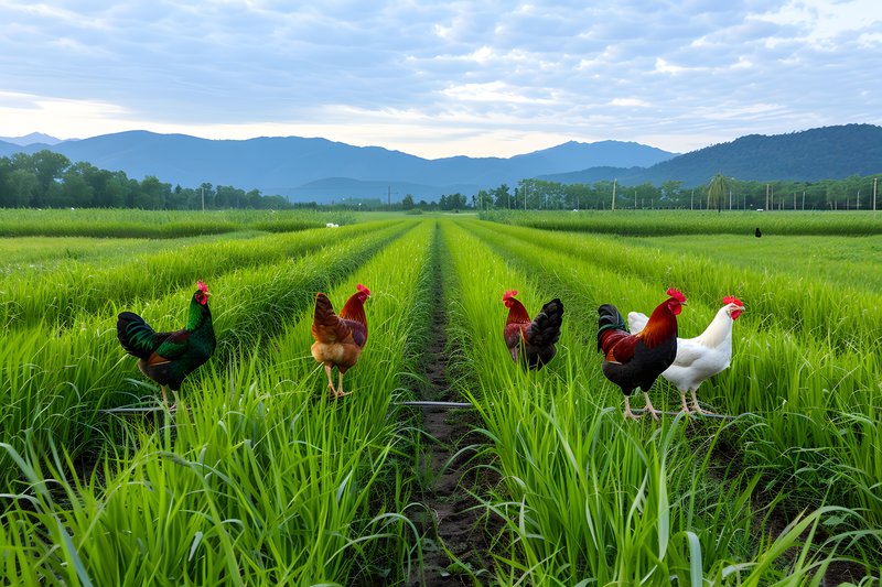 Rotating chicken tractor lush grassy paddock with mobile fencing