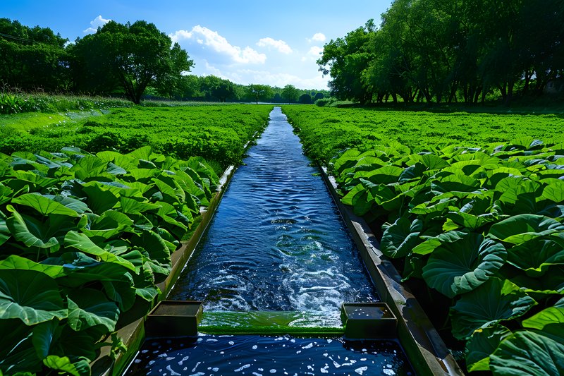 Rural irrigation canal wooden sluice gates surrounded by lush crops