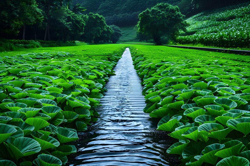 Rural irrigation canal wooden sluice gates surrounded by lush crops