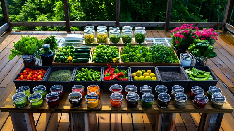 Seed saving station heirloom vegetables drying racks and labeled jars