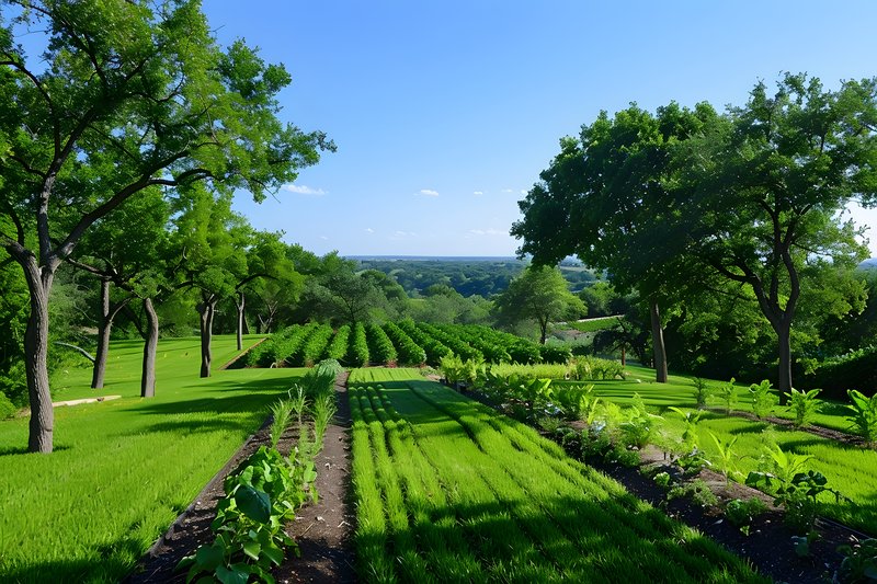 Windbreak of native trees protecting vegetable garden strong winds