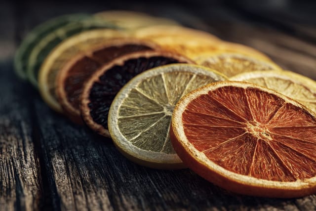 Dried citrus slices arranged on rustic dark wood