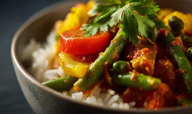 Vegetable curry with green beans over white rice in a bowl