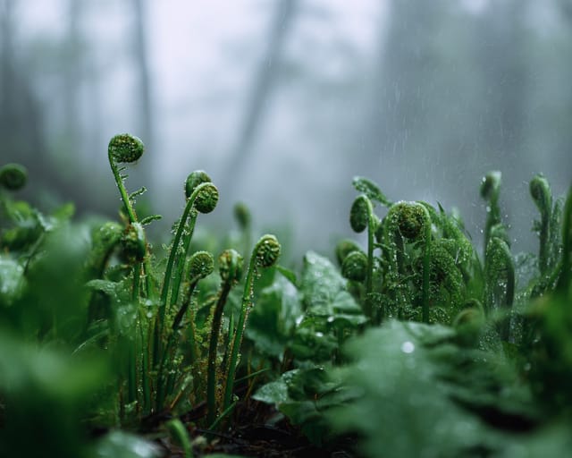 Fiddlehead ferns unfurling in a green misty rain forest
