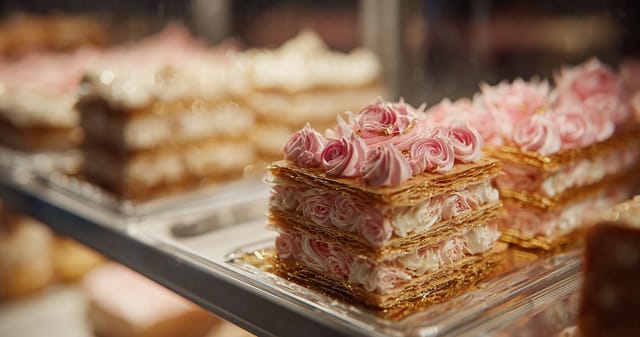 Rose cream mille-feuille pastries with piped pink rosettes in a bakery display