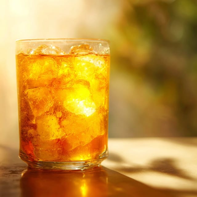 Glass of iced tea with ice cubes in warm golden sunlight