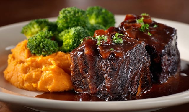 BBQ braised short ribs with broccoli and sweet potato mash on a plate