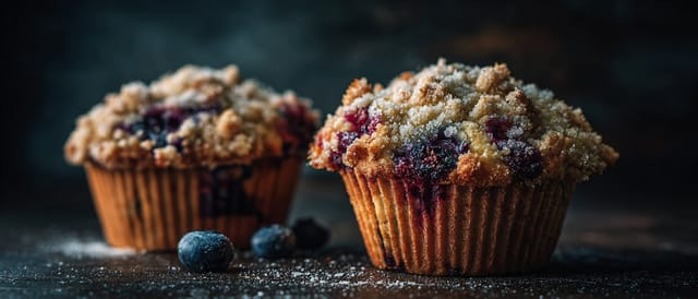 Two blueberry crumb muffins with streusel topping on a dark background