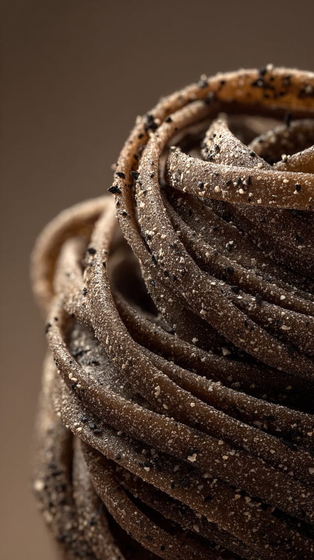 Close-up of a black pepper artisan pasta nest with cracked pepper