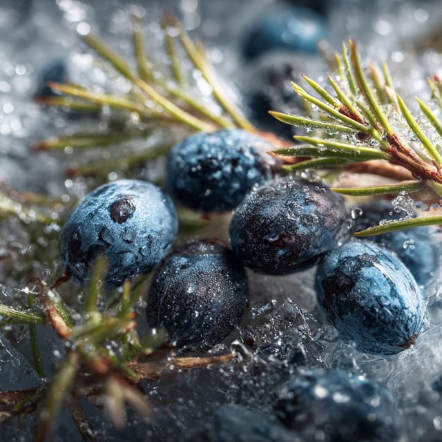 Juniper berries with pine needles on frosted ice