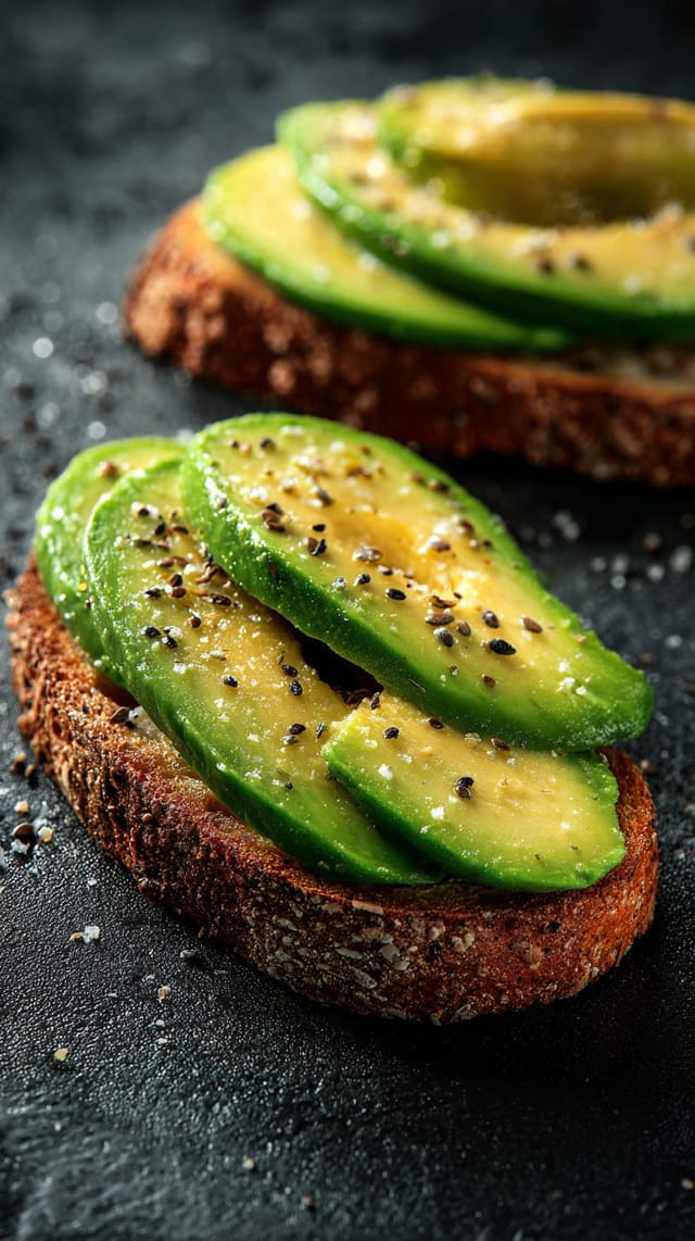 Avocado toast on rye bread topped with cracked pepper and sea salt