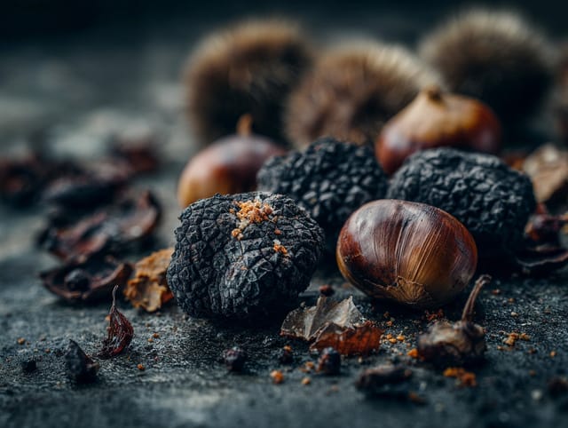 Black truffles and chestnuts on a dark rustic surface with autumn mood