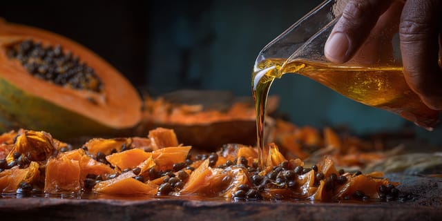 Honey being poured over fresh papaya slices and seeds on a dark rustic surface